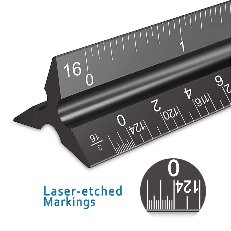 Rena Chris 2PCS Architectural Scale Ruler, 12"" Aluminum Architect Scale, Triangular Scale, Scale Ruler, Triangle Ruler, Drafting Ruler, Architect Ruler, Metal Scale Ruler, Architecture Ruler(Blue+Black) - Image 2